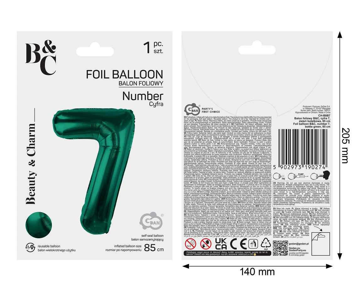 Foil balloon B&C, number 7, bottle green, 85 cm